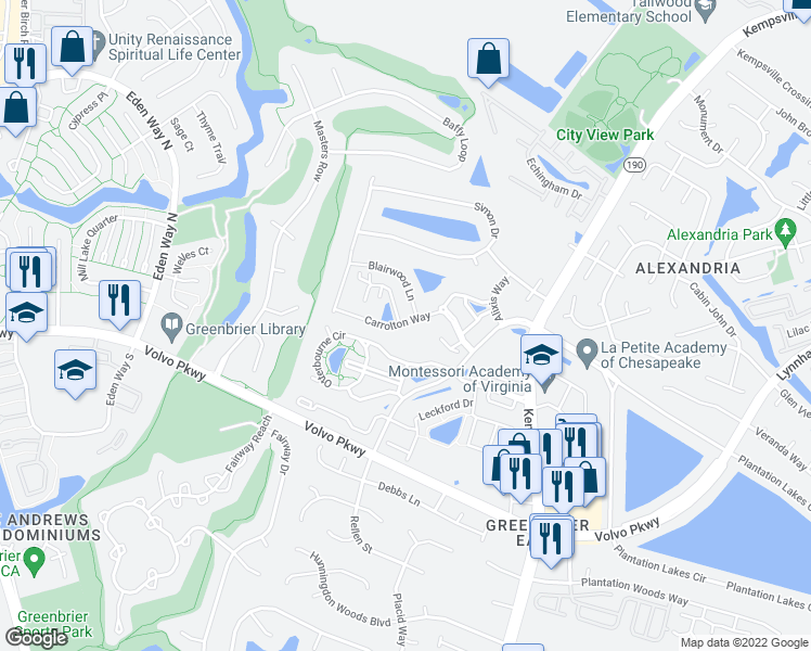 map of restaurants, bars, coffee shops, grocery stores, and more near 1439 Carrolton Way in Chesapeake