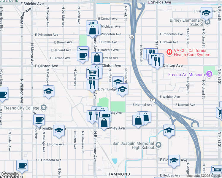 map of restaurants, bars, coffee shops, grocery stores, and more near 2004 East Cambridge Avenue in Fresno