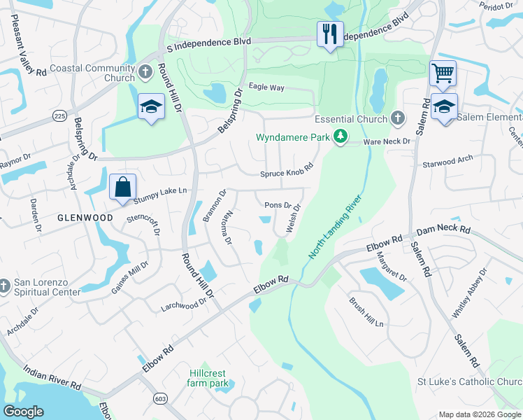 map of restaurants, bars, coffee shops, grocery stores, and more near 3529 Pons Drive in Virginia Beach