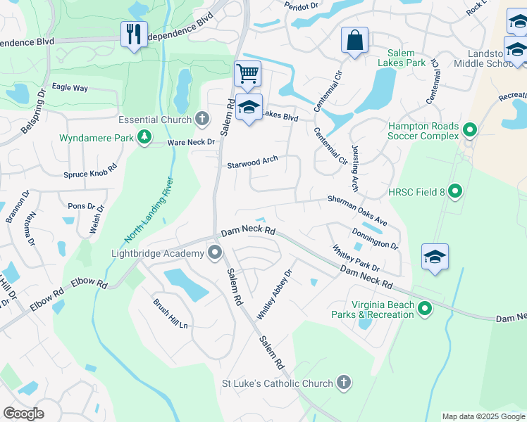 map of restaurants, bars, coffee shops, grocery stores, and more near 4049 Sherman Oaks Avenue in Virginia Beach
