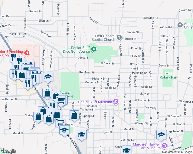 map of restaurants, bars, coffee shops, grocery stores, and more near 1021 Hickory Street in Poplar Bluff
