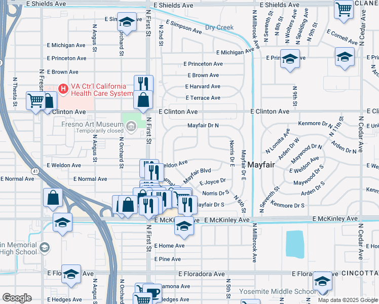 map of restaurants, bars, coffee shops, grocery stores, and more near 3256 Circle Court West in Fresno