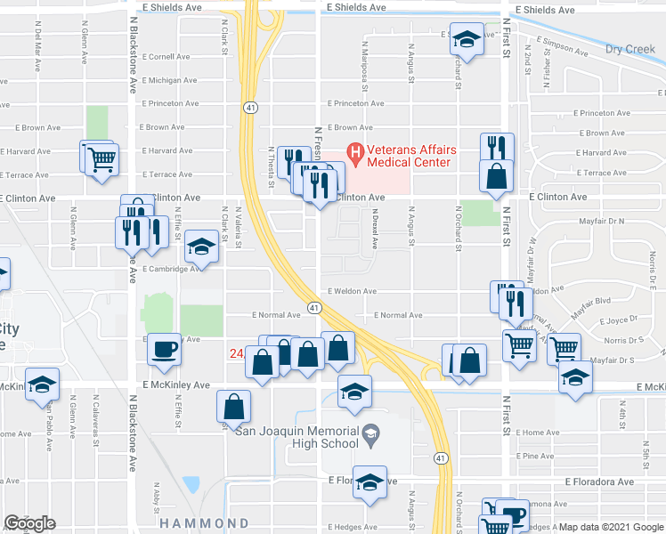 map of restaurants, bars, coffee shops, grocery stores, and more near 2050 North Fresno Street in Fresno