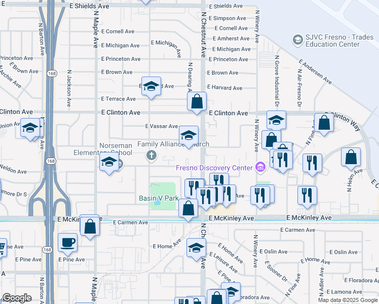 map of restaurants, bars, coffee shops, grocery stores, and more near 4774 East Yale Avenue in Fresno