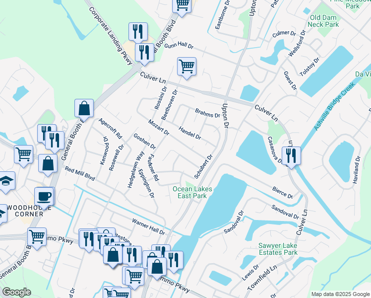 map of restaurants, bars, coffee shops, grocery stores, and more near 1229 Mozart Drive in Virginia Beach