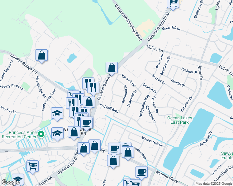 map of restaurants, bars, coffee shops, grocery stores, and more near 1196 Toddsbury Lane in Virginia Beach