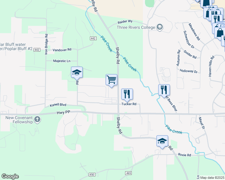 map of restaurants, bars, coffee shops, grocery stores, and more near 1301 Shelby Road in Poplar Bluff