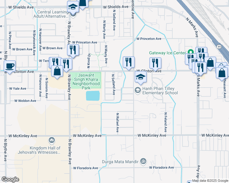 map of restaurants, bars, coffee shops, grocery stores, and more near 2264 North Selland Avenue in Fresno