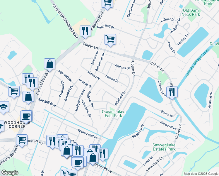 map of restaurants, bars, coffee shops, grocery stores, and more near 1229 Mozart Drive in Virginia Beach