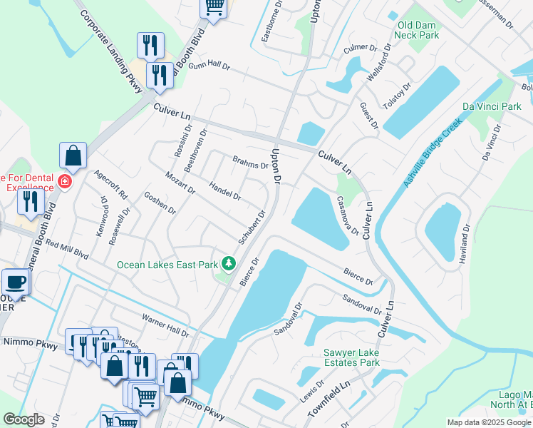 map of restaurants, bars, coffee shops, grocery stores, and more near 2048 Schubert Drive in Virginia Beach