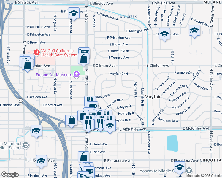 map of restaurants, bars, coffee shops, grocery stores, and more near 3256 Circle Court West in Fresno