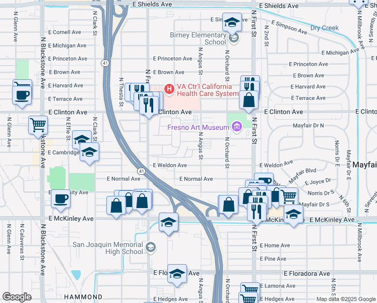 map of restaurants, bars, coffee shops, grocery stores, and more near 2759 East Weldon Avenue in Fresno