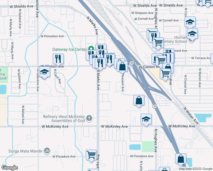 map of restaurants, bars, coffee shops, grocery stores, and more near 2264 North Marks Avenue in Fresno