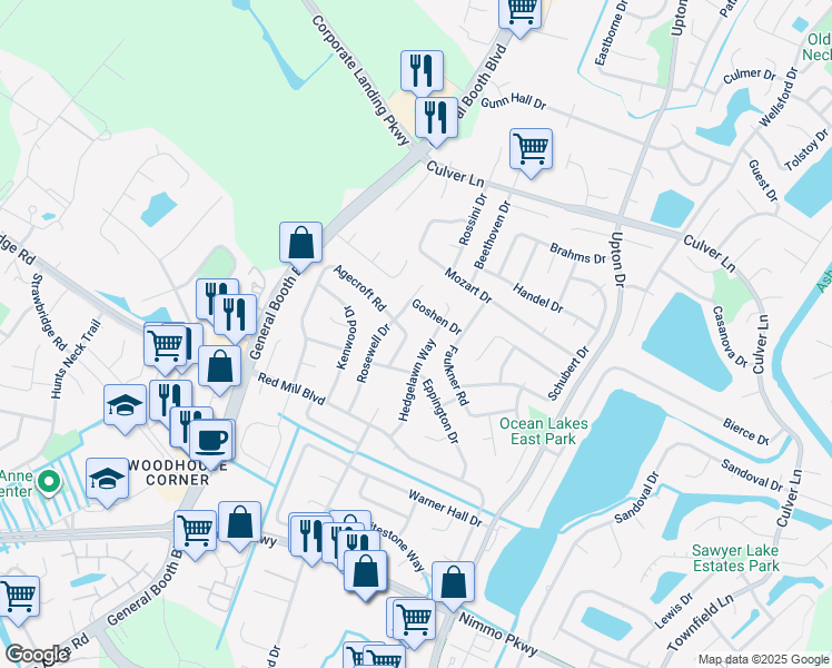 map of restaurants, bars, coffee shops, grocery stores, and more near 2089 Agecroft Rd in Virginia Beach