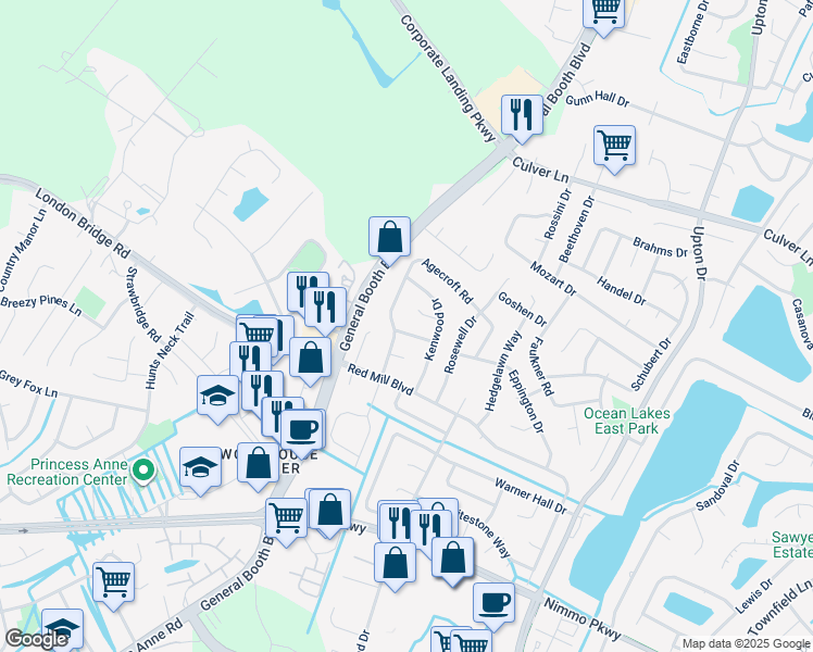 map of restaurants, bars, coffee shops, grocery stores, and more near 1196 Toddsbury Lane in Virginia Beach