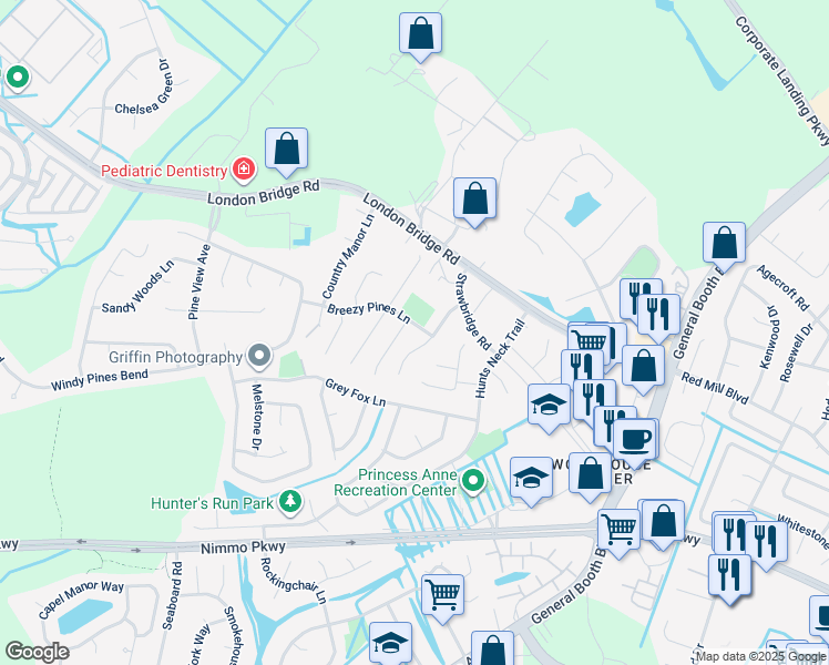 map of restaurants, bars, coffee shops, grocery stores, and more near 2369 Breezy Pines Lane in Virginia Beach