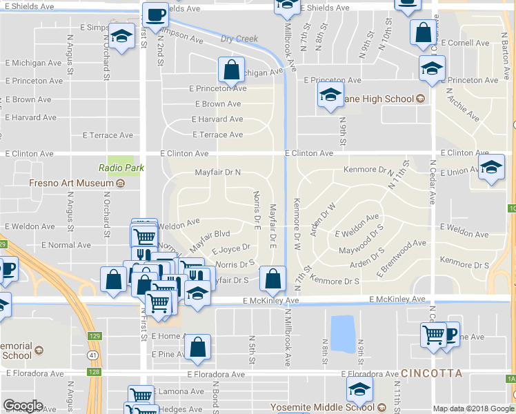 map of restaurants, bars, coffee shops, grocery stores, and more near 2029 Norris Drive East in Fresno