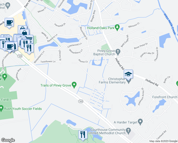 map of restaurants, bars, coffee shops, grocery stores, and more near 2052 Aloma Drive in Virginia Beach