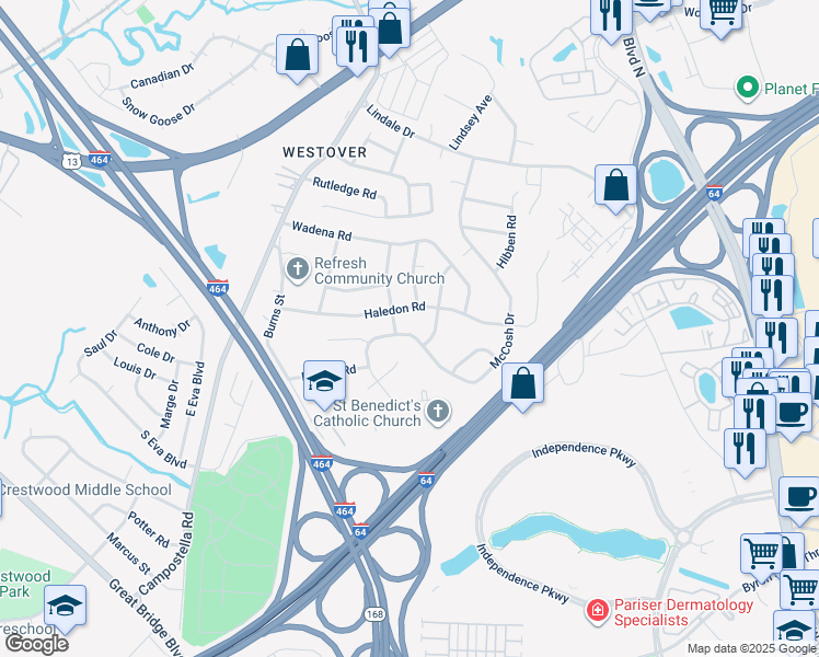 map of restaurants, bars, coffee shops, grocery stores, and more near 413 McCosh Drive in Chesapeake