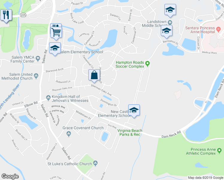 map of restaurants, bars, coffee shops, grocery stores, and more near 2008 Jessamine Court in Virginia Beach