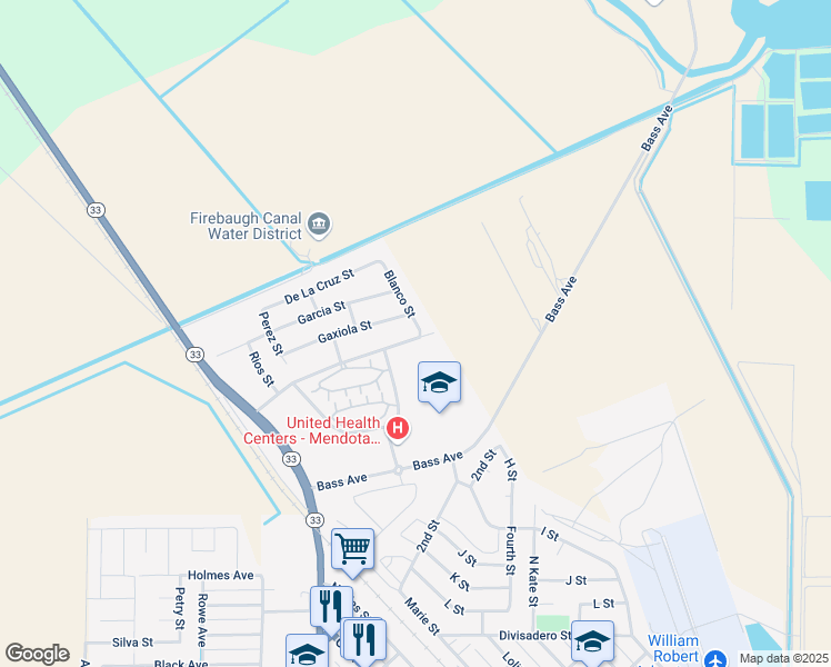 map of restaurants, bars, coffee shops, grocery stores, and more near 301 Blanco Street in Mendota