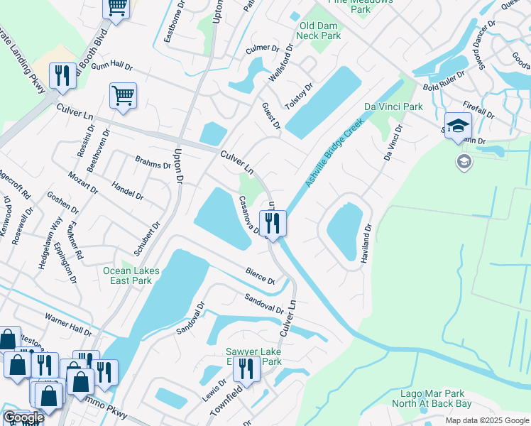 map of restaurants, bars, coffee shops, grocery stores, and more near 1920 Bizet Court in Virginia Beach