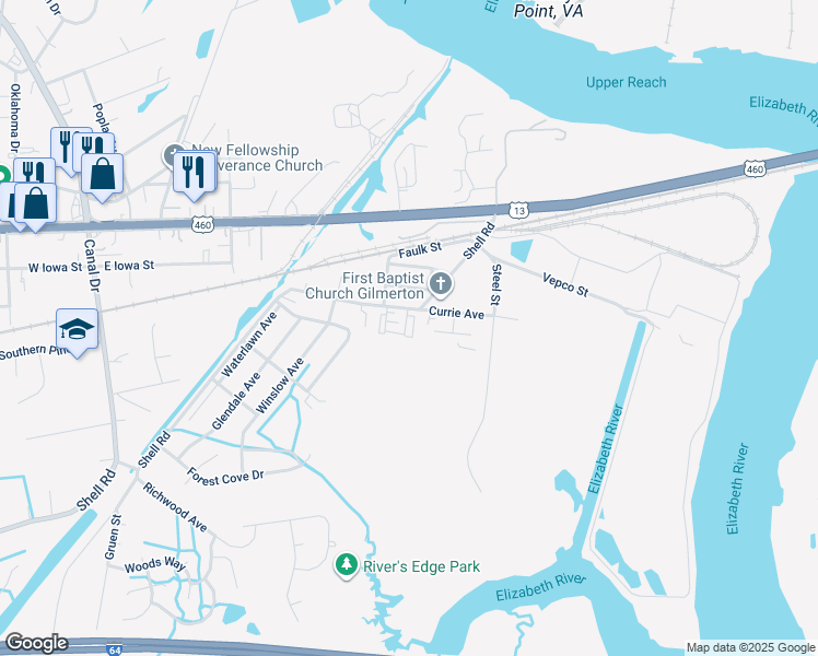 map of restaurants, bars, coffee shops, grocery stores, and more near 1611 Shell Road in Chesapeake