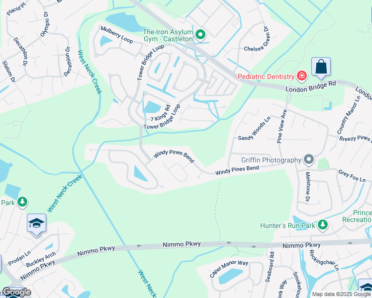 map of restaurants, bars, coffee shops, grocery stores, and more near 2525 Windy Pines Bend in Virginia Beach