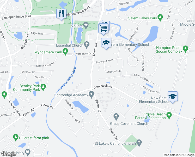 map of restaurants, bars, coffee shops, grocery stores, and more near 4080 Sherman Oaks Avenue in Virginia Beach