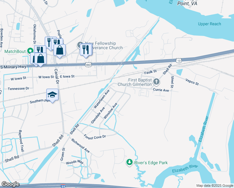 map of restaurants, bars, coffee shops, grocery stores, and more near 1467 Glendale Avenue in Chesapeake