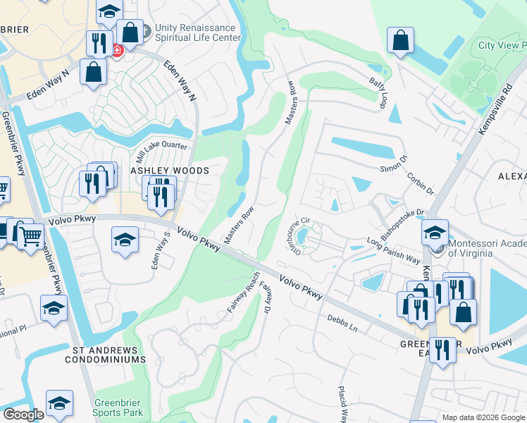 map of restaurants, bars, coffee shops, grocery stores, and more near 1307 Prestwick Court in Chesapeake