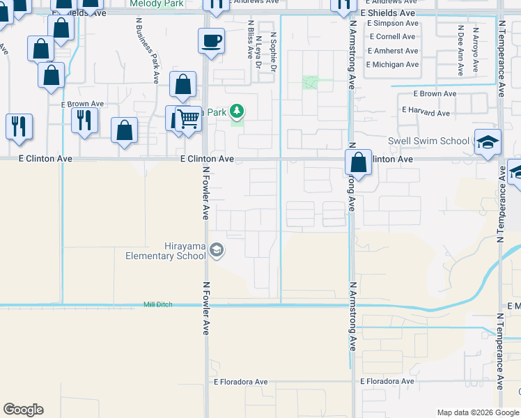 map of restaurants, bars, coffee shops, grocery stores, and more near 2316 North Fowler Avenue in Fresno
