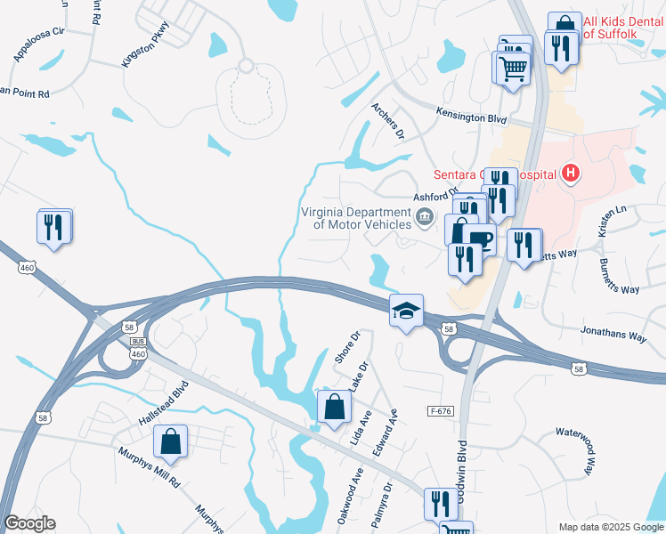 map of restaurants, bars, coffee shops, grocery stores, and more near 135 Berkshire Boulevard in Suffolk