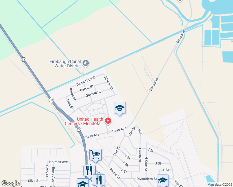 map of restaurants, bars, coffee shops, grocery stores, and more near 301 Blanco Street in Mendota