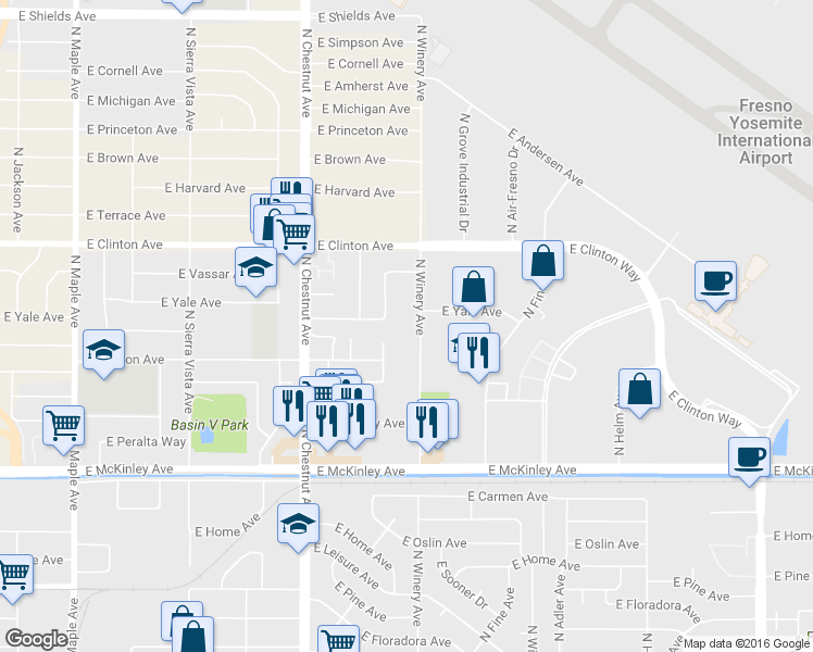 map of restaurants, bars, coffee shops, grocery stores, and more near 2042 North Laureen Avenue in Fresno