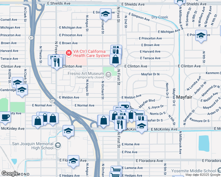 map of restaurants, bars, coffee shops, grocery stores, and more near 2121 North First Street in Fresno