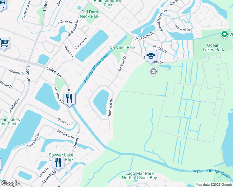 map of restaurants, bars, coffee shops, grocery stores, and more near 1832 Haviland Drive in Virginia Beach