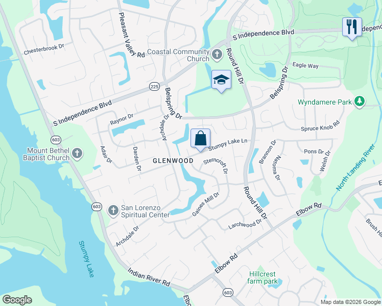 map of restaurants, bars, coffee shops, grocery stores, and more near 3829 Stumpy Lake Lane in Virginia Beach
