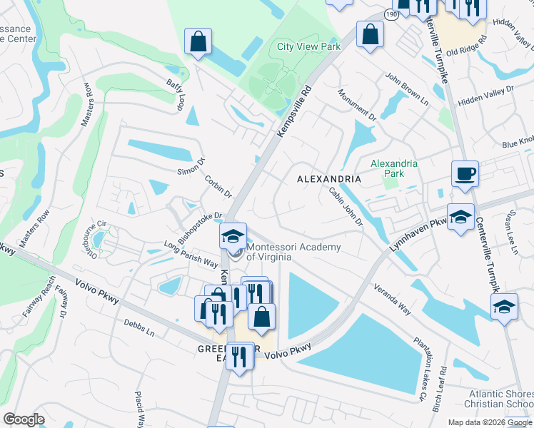 map of restaurants, bars, coffee shops, grocery stores, and more near 2160 Fort Belvoir Drive in Virginia Beach