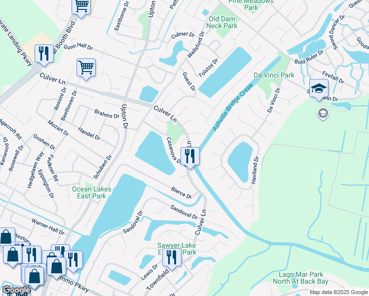 map of restaurants, bars, coffee shops, grocery stores, and more near 1920 Bizet Court in Virginia Beach