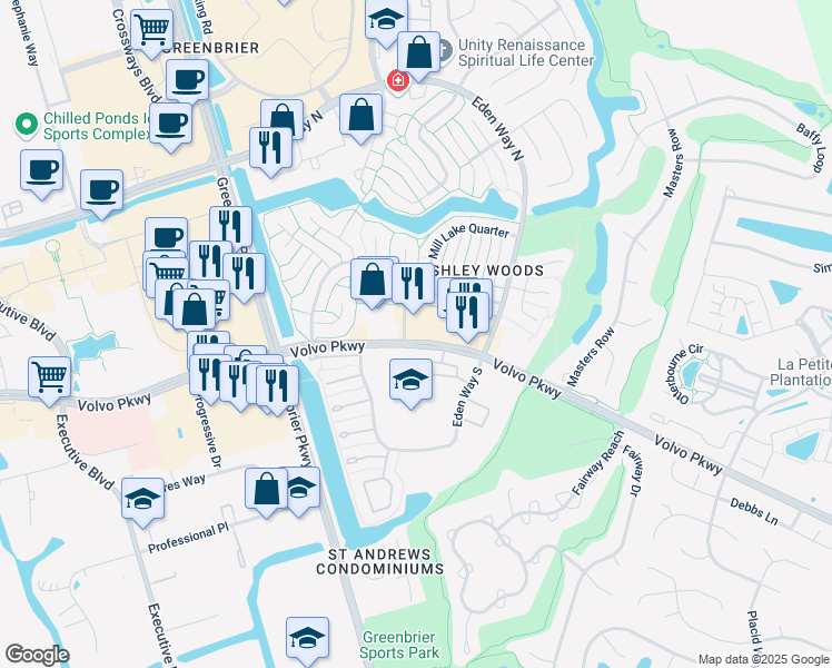 map of restaurants, bars, coffee shops, grocery stores, and more near 1116 Volvo Parkway in Chesapeake