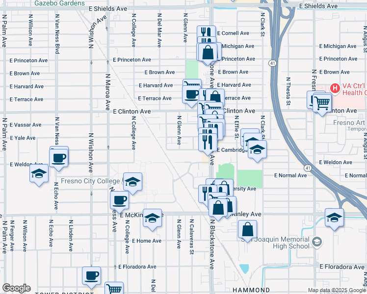map of restaurants, bars, coffee shops, grocery stores, and more near 151 East Cambridge Avenue in Fresno