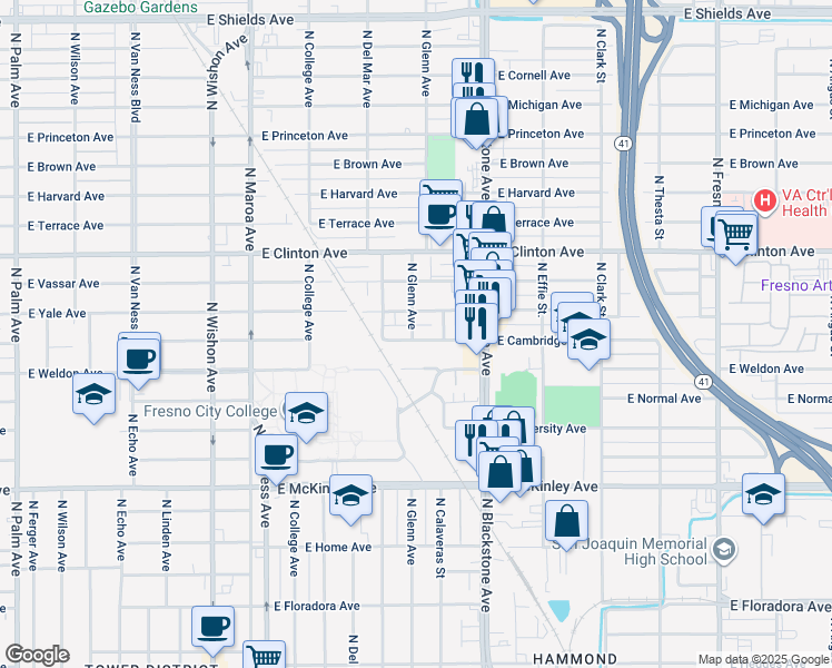 map of restaurants, bars, coffee shops, grocery stores, and more near 2118 North Glenn Avenue in Fresno