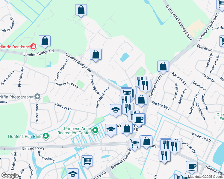 map of restaurants, bars, coffee shops, grocery stores, and more near 2108 Croydon Court in Virginia Beach