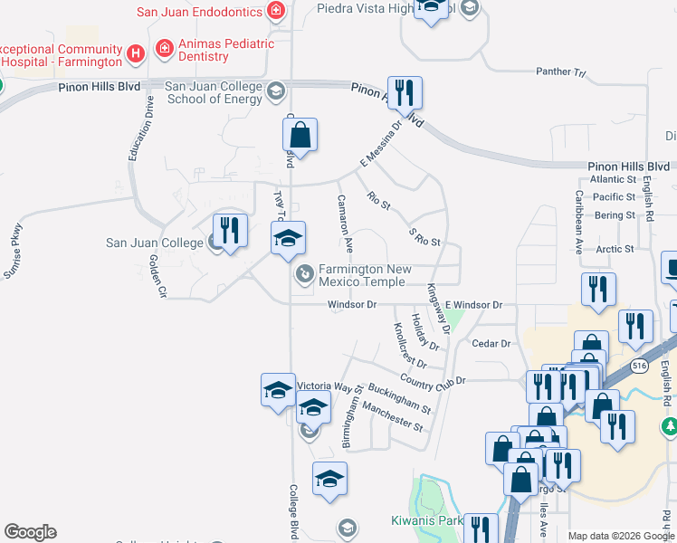map of restaurants, bars, coffee shops, grocery stores, and more near 4702 Camaron Ave in Farmington
