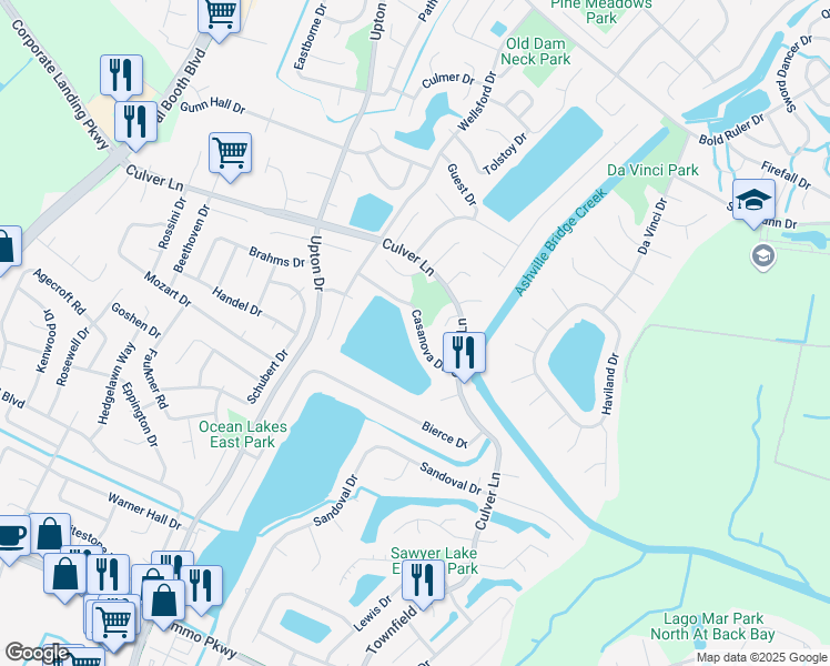 map of restaurants, bars, coffee shops, grocery stores, and more near 1029 Casanova Drive in Virginia Beach