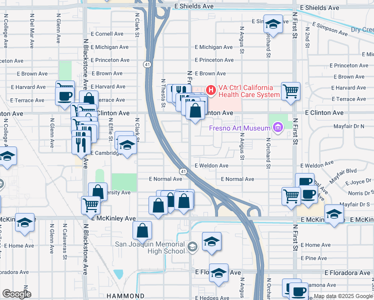 map of restaurants, bars, coffee shops, grocery stores, and more near 2424 North Fresno Street in Fresno