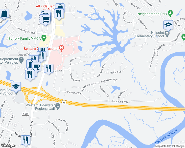 map of restaurants, bars, coffee shops, grocery stores, and more near 236 Abingdon Circle in Suffolk