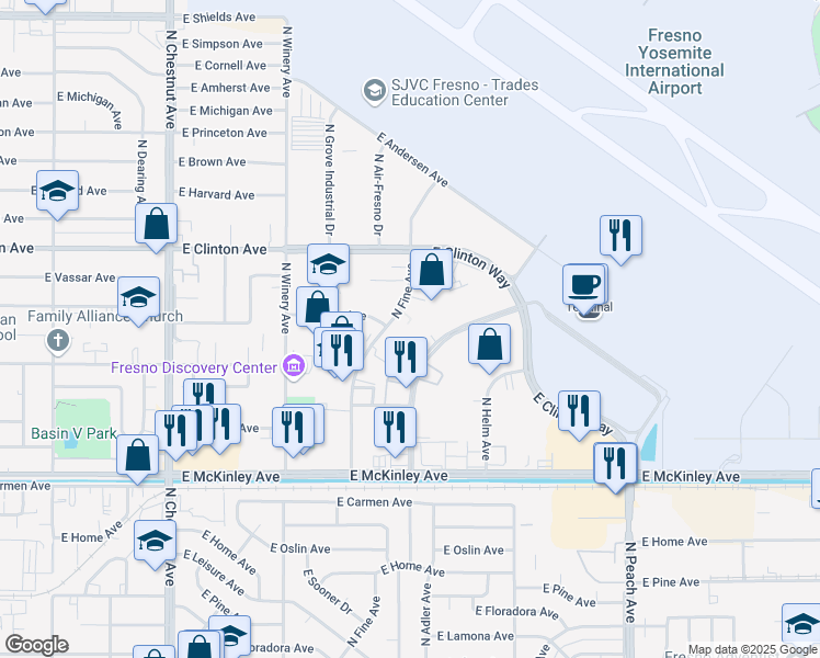 map of restaurants, bars, coffee shops, grocery stores, and more near 2134 North Fine Avenue in Fresno