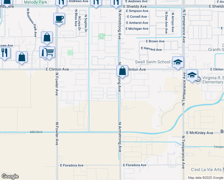 map of restaurants, bars, coffee shops, grocery stores, and more near 2187-2399 North Armstrong Avenue in Fresno